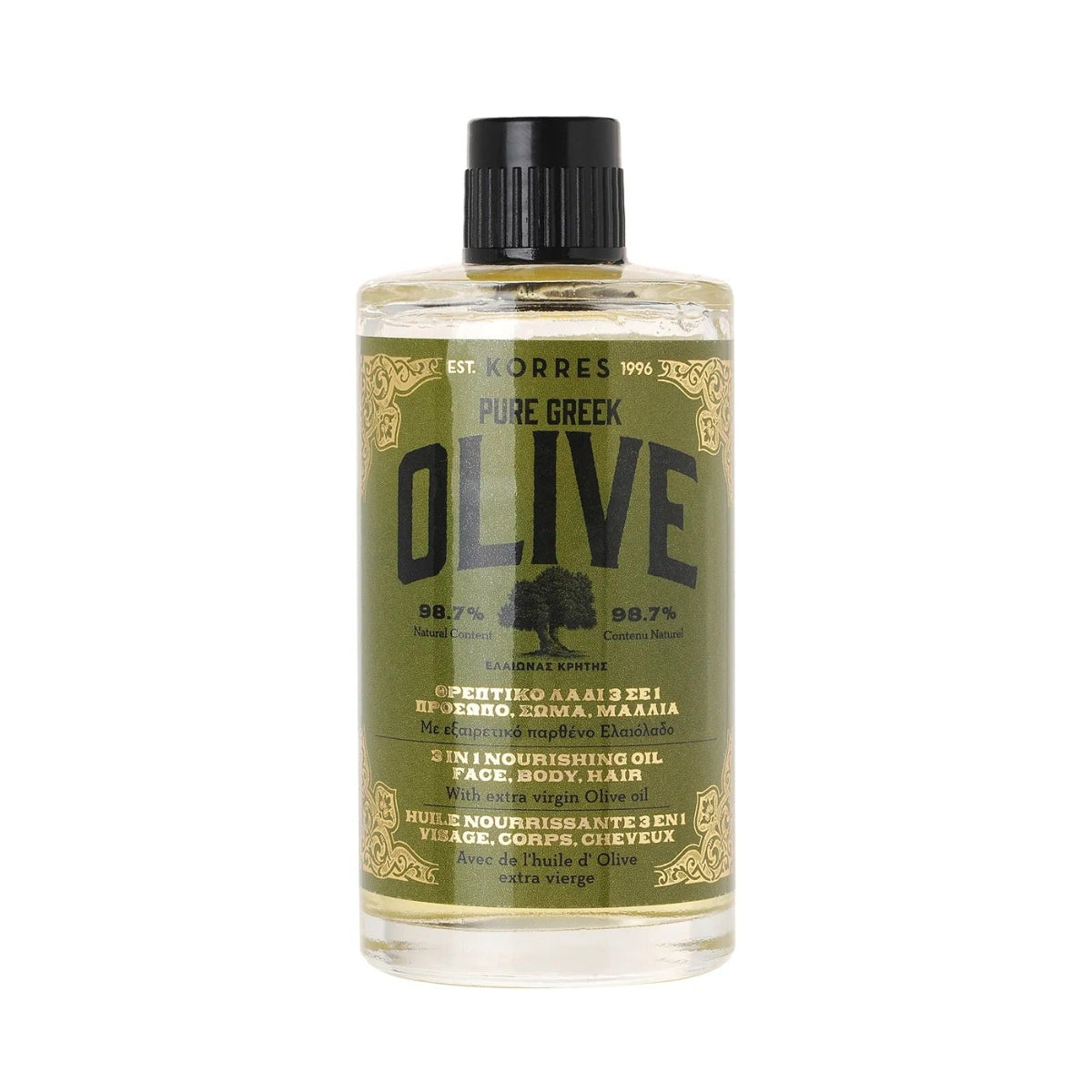 Bottle of pure Greek olive oil on a white background