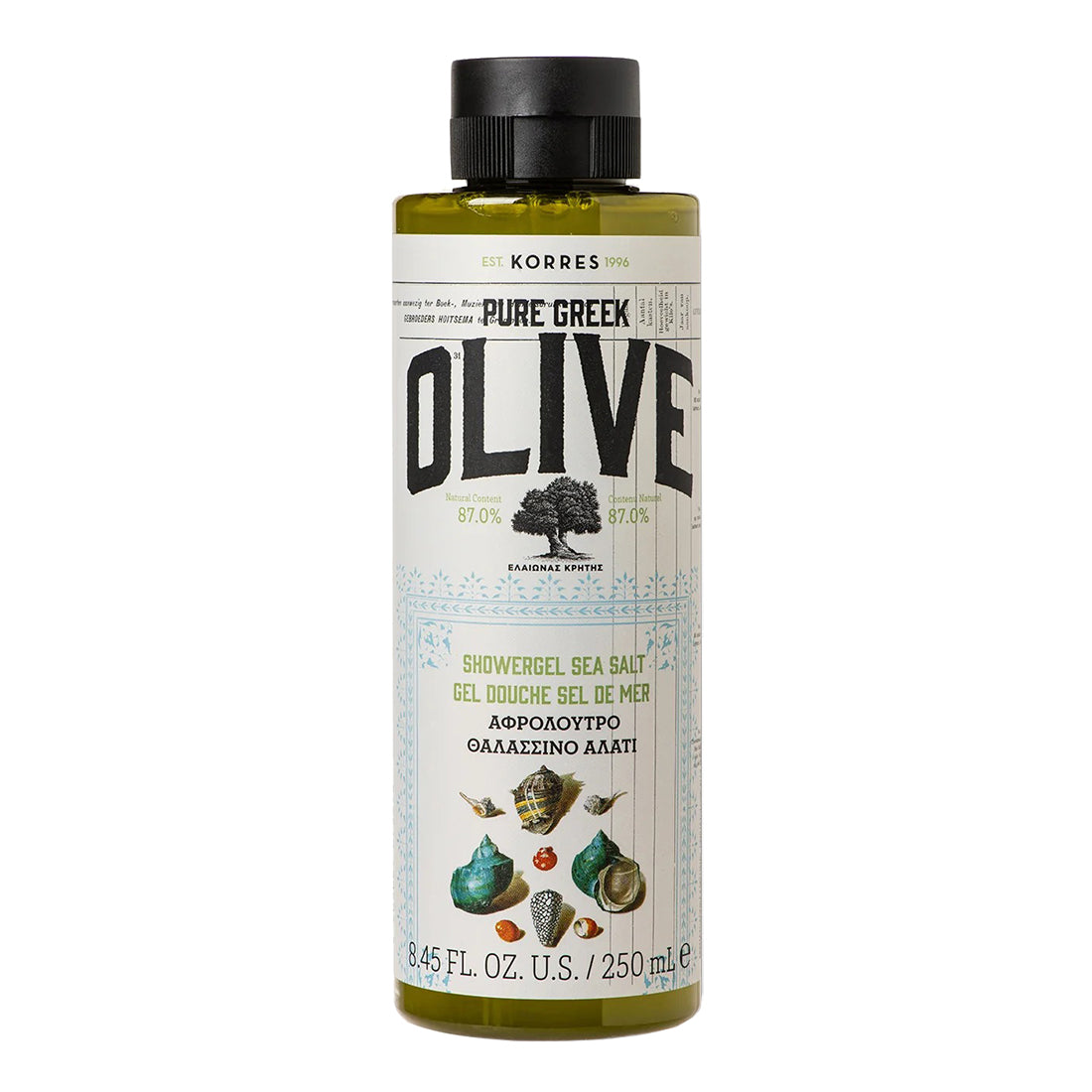Korres Pure Greek Olive Shower Gel bottle on a white background