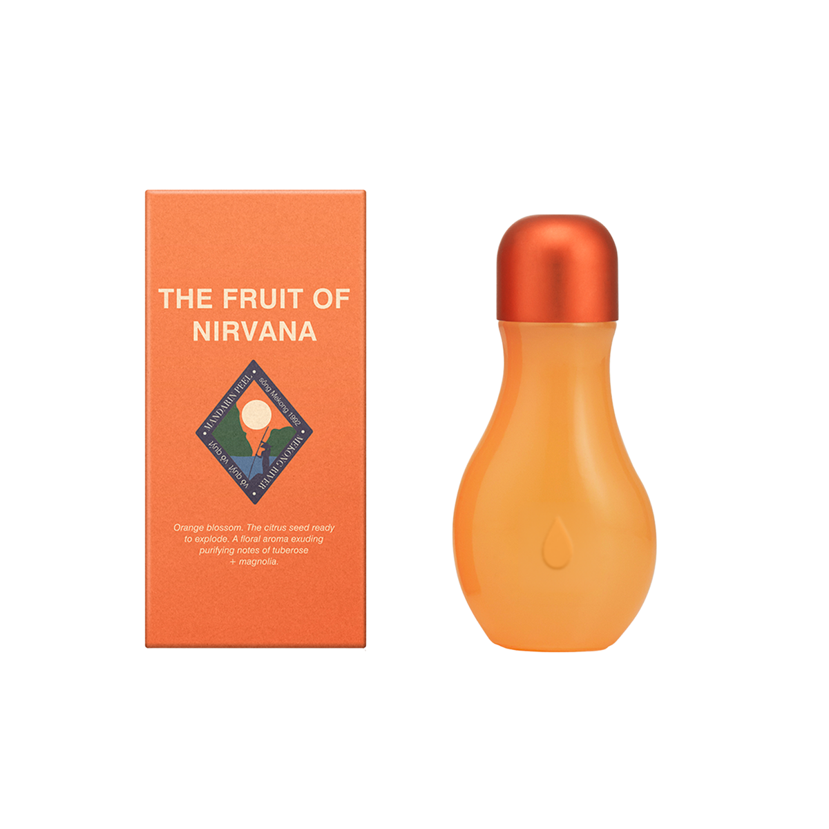The Fruit of Nirvana fragrance bottle in orange with a metallic copper cap, shown next to its matching orange packaging box on a white background.