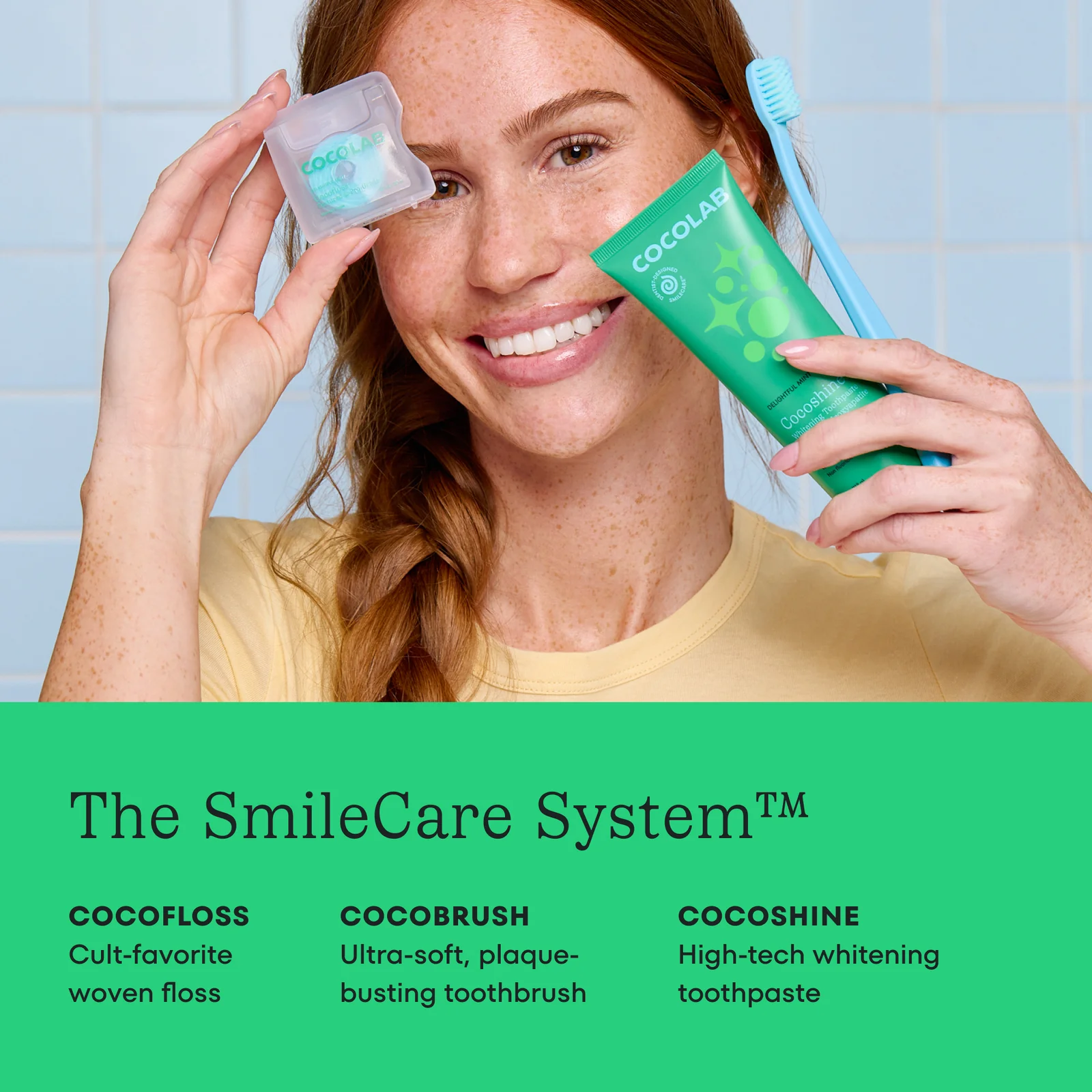 Woman holding COCOLAB products with a green banner displaying 'The SmileCare System' and product names.
