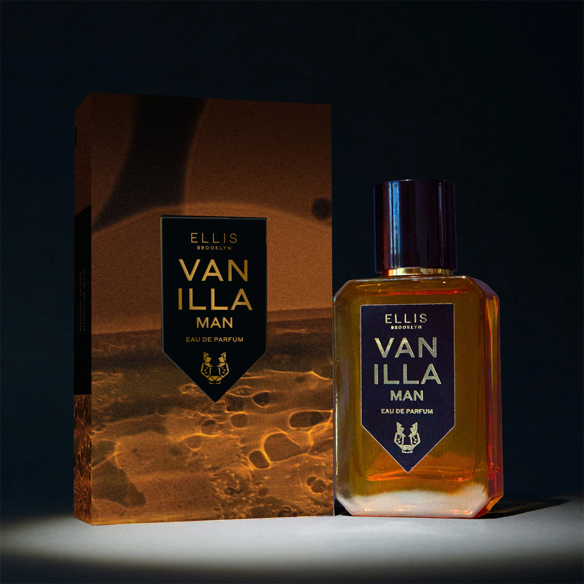Ellis Brooklyn Vanilla Man perfume bottle and packaging on a dark background
