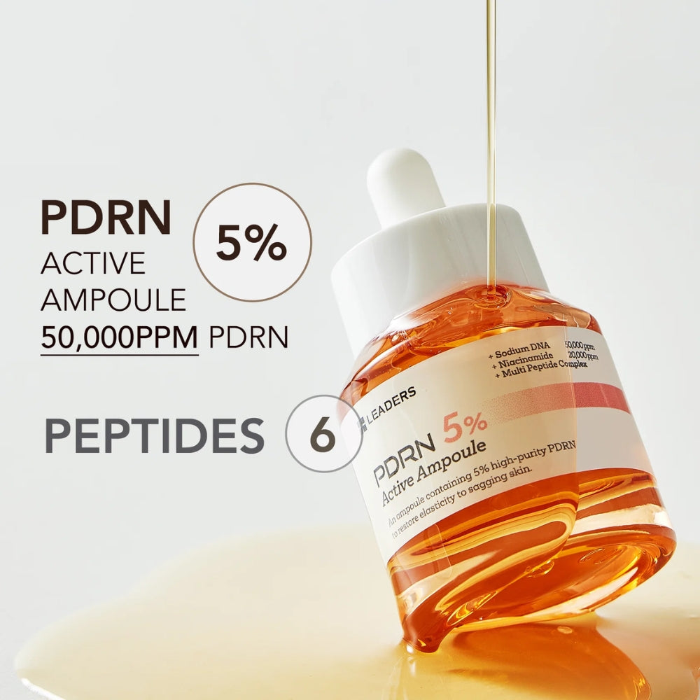 An amber glass dropper bottle labeled PDRN Active Ampoule with a white cap, shown on a clean white background with text overlays reading 'PDRN ACTIVE AMPOULE 50,000PPM PDRN' and 'PEPTIDES 6'. A golden liquid is being poured into the bottle.