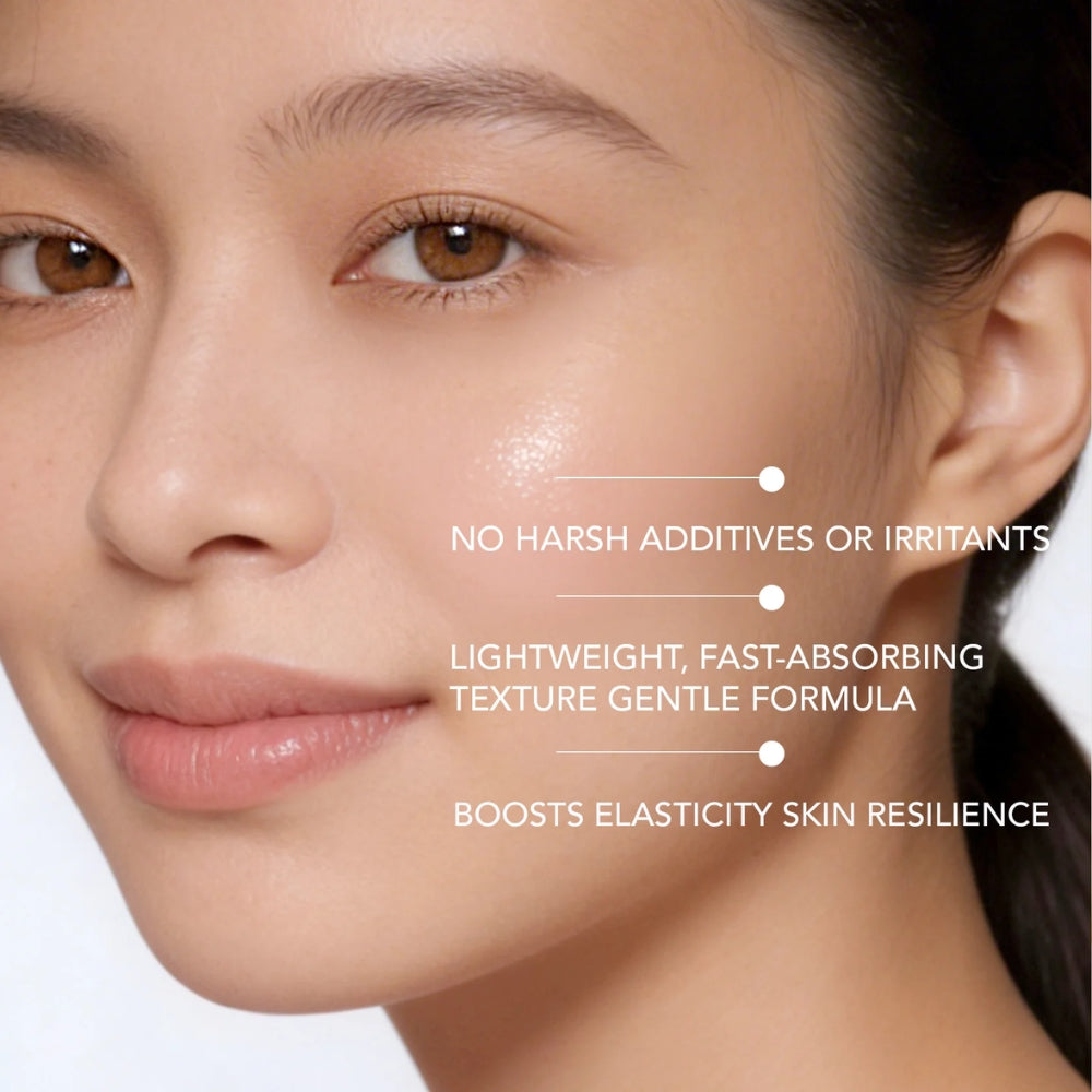 Close-up of a woman's face with text highlighting product features on a white background