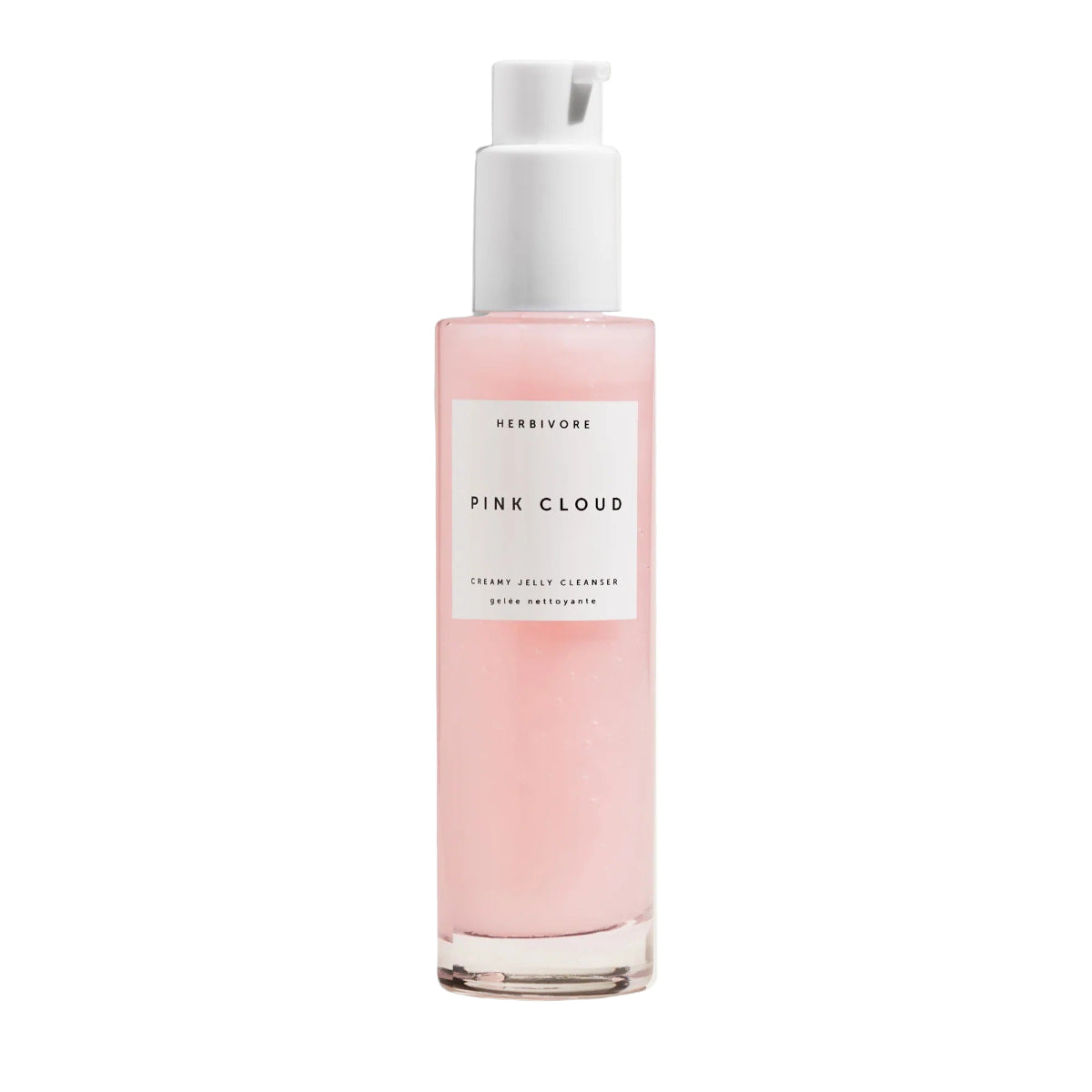 Pink bottle of Herbivore Pink Cloud face cleanser on a white background