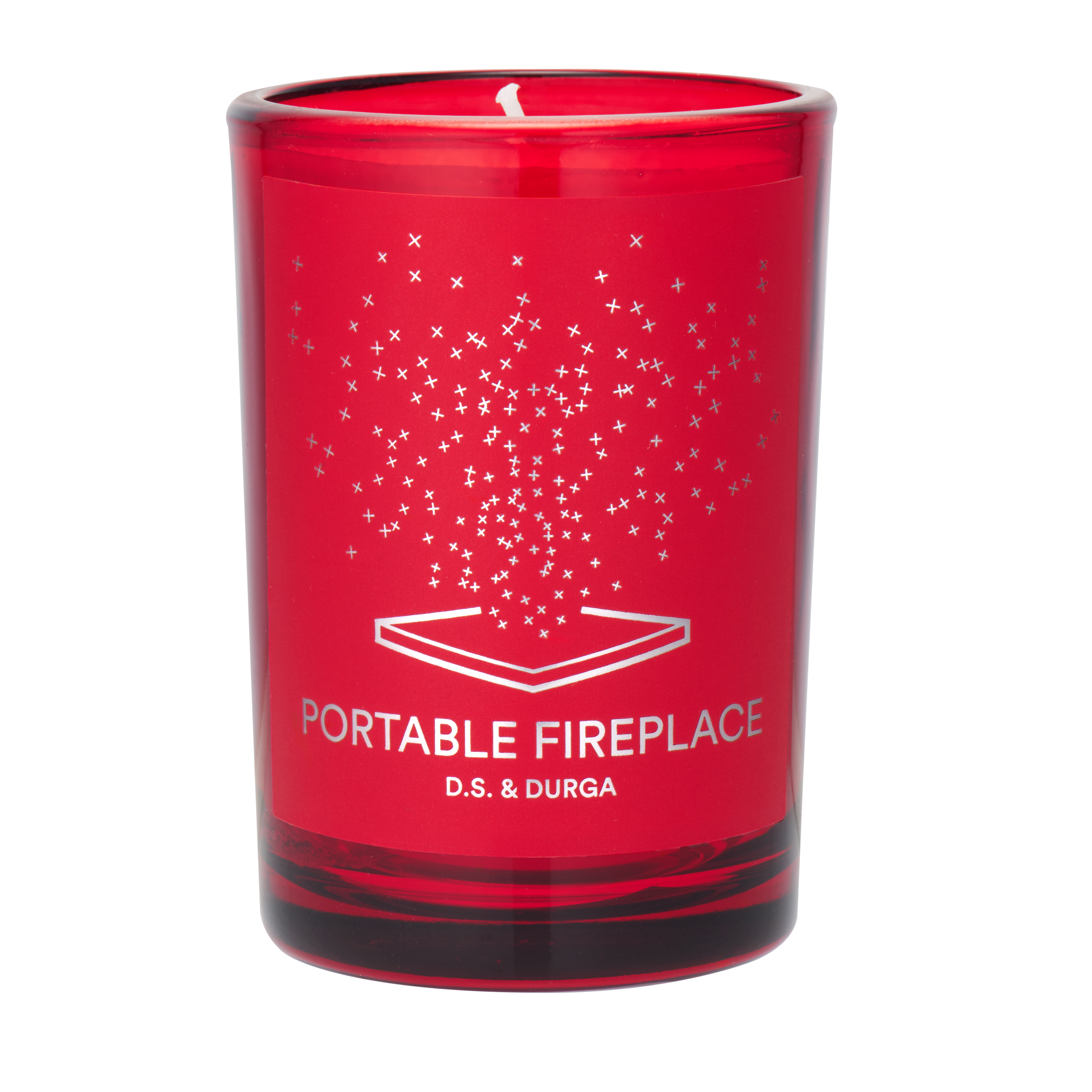 Red candle with 'Portable Fireplace' text on a white background