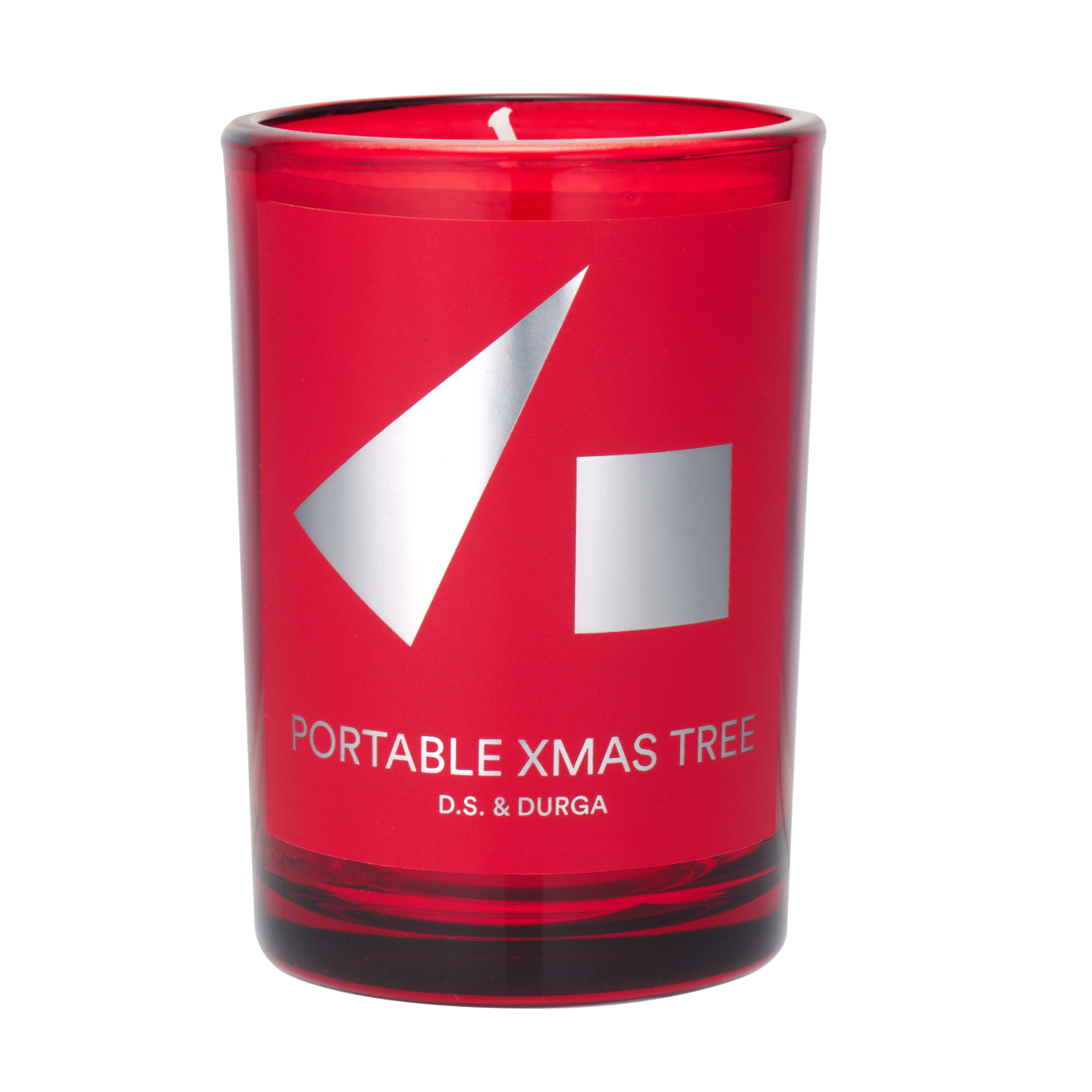 Portable Xmas Tree Red Glass candle in a glass container with a logo and "Portable Xmas Tree" text on a white background.