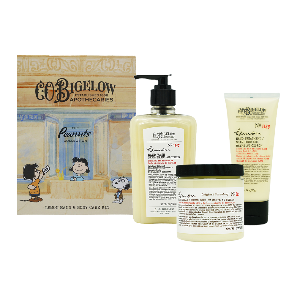 Peanuts® x C.O. Bigelow Lemon Bath & Body Care Apothecary Box with Body Cream, Hand Wash & Hand Treatment on a white background
