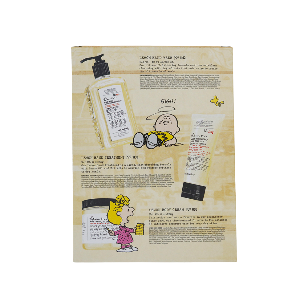 Back of Peanuts® x C.O. Bigelow Lemon Bath & Body Care Apothecary Box 