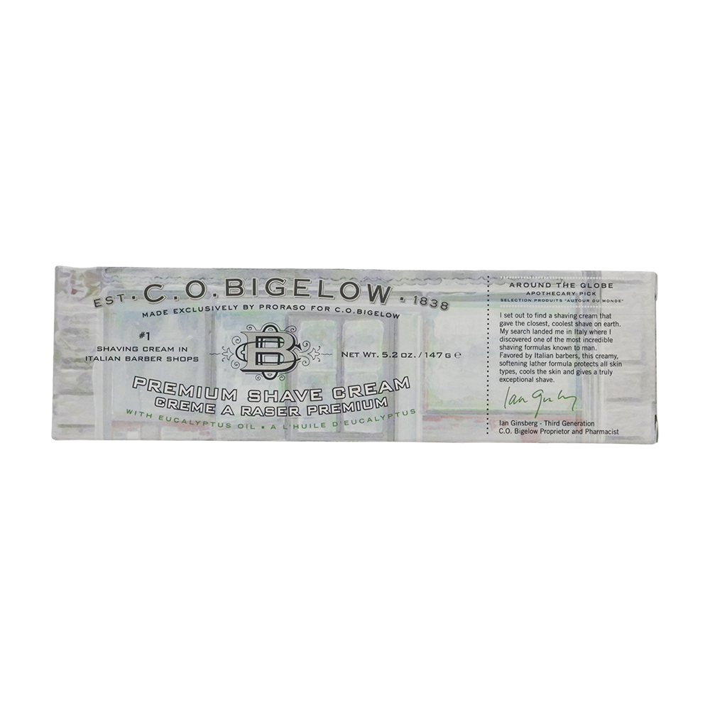 Peanuts® x C.O. Bigelow Premium Shave Cream box on a white background