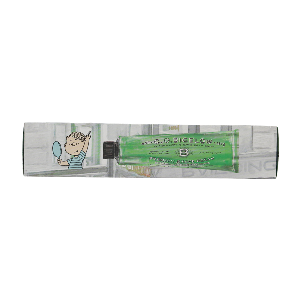 Peanuts® x C.O. Bigelow Premium Shave Cream box with Peanuts® art on a white background