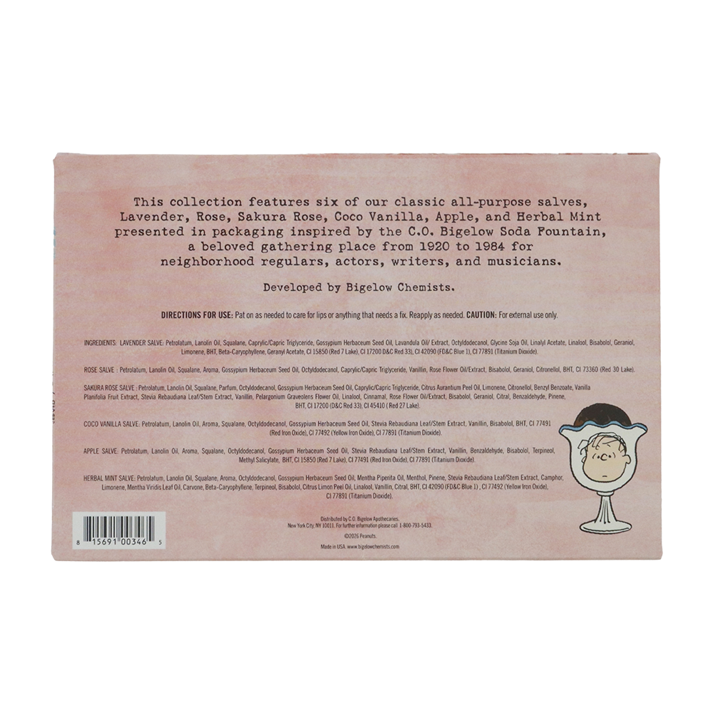 Back of Peanuts® x C.O. Bigelow The Salve Series box on a white background