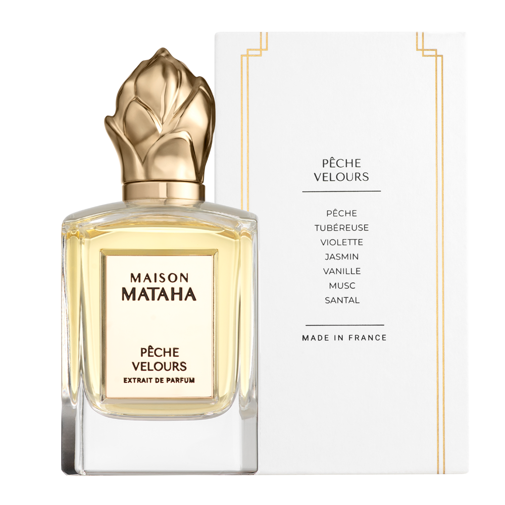 Bottle of Peche Velours - Extrait de Parfum with packaging on a white background