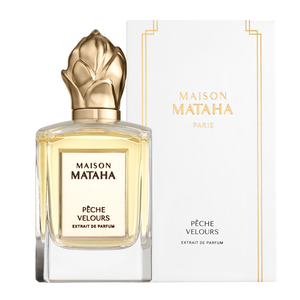 Bottle of Peche Velours - Extrait de Parfum with packaging on a white background
