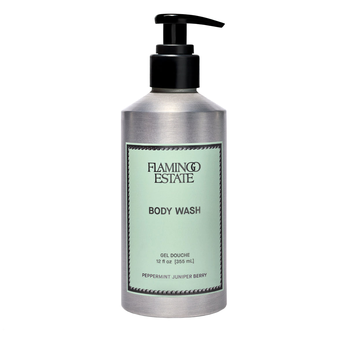 A silver pump bottle of Flaming Estate Body Wash with a black dispenser and a pale green label, shown on a plain white background.