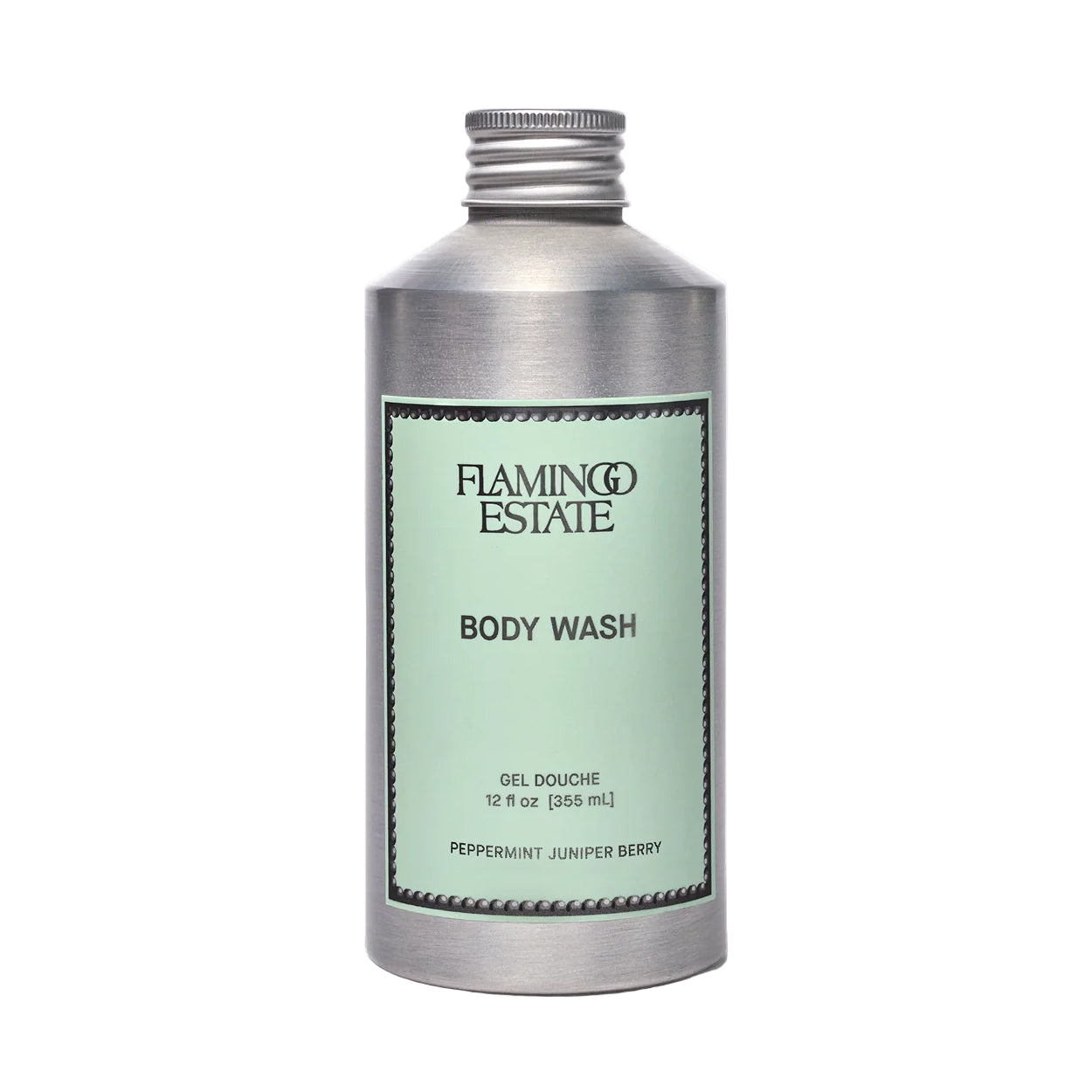 Peppermint Body wash bottle with silver metallic finish and green label on a white background