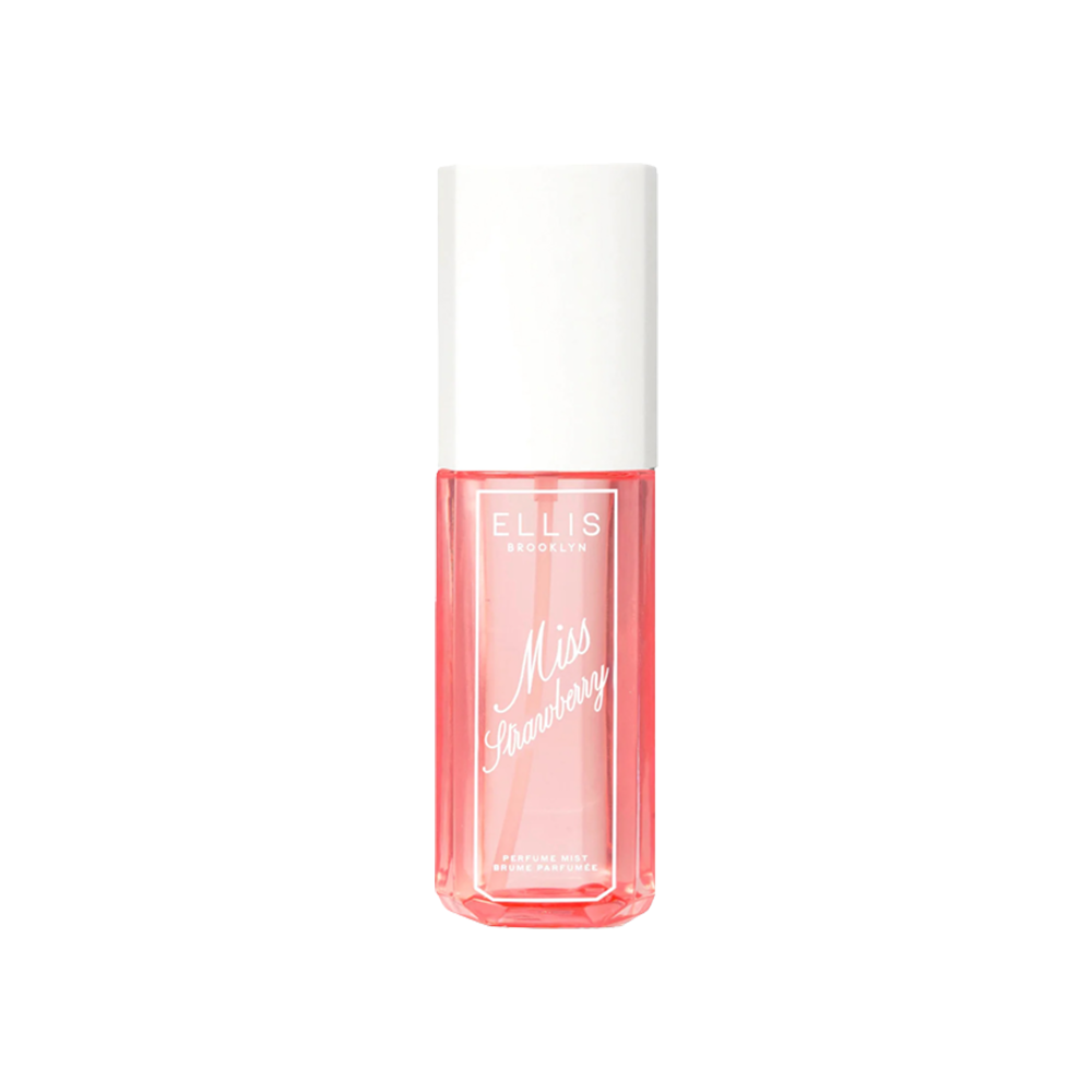 Pink bottle of Ellis Brooklyn Miss Strawberry perfume on a white background