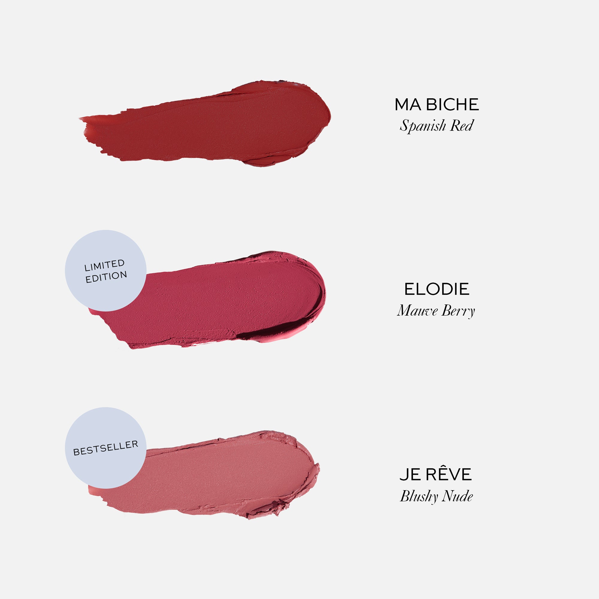 Three swatches of lipstick labeled 'MA BICHE', 'ELODIE', and 'JE RèVE' on a white background.