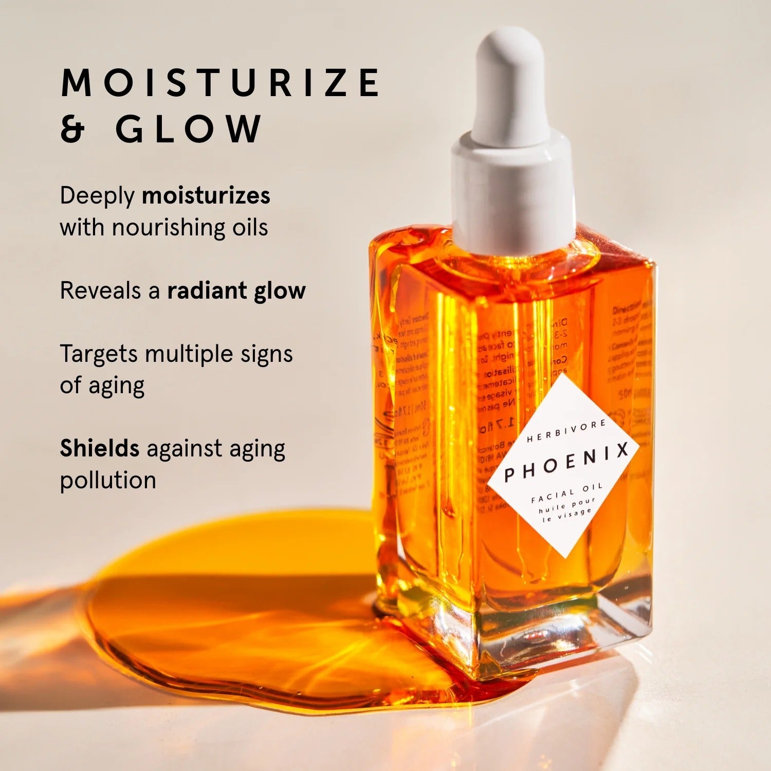 Herbivore Phoenix facial oil bottle with text about moisturizing and glowing skin.