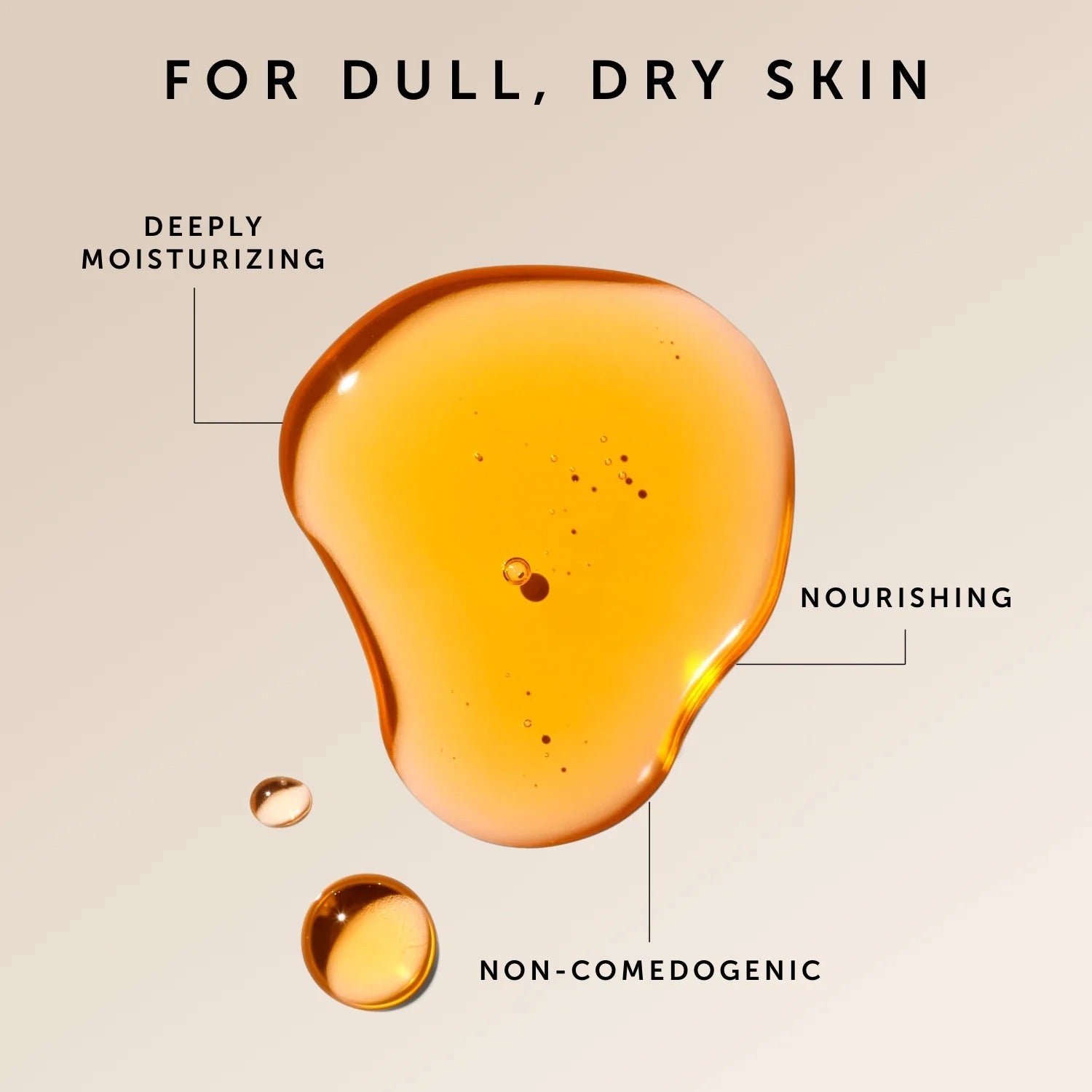 Orange oil droplet with text on a beige background