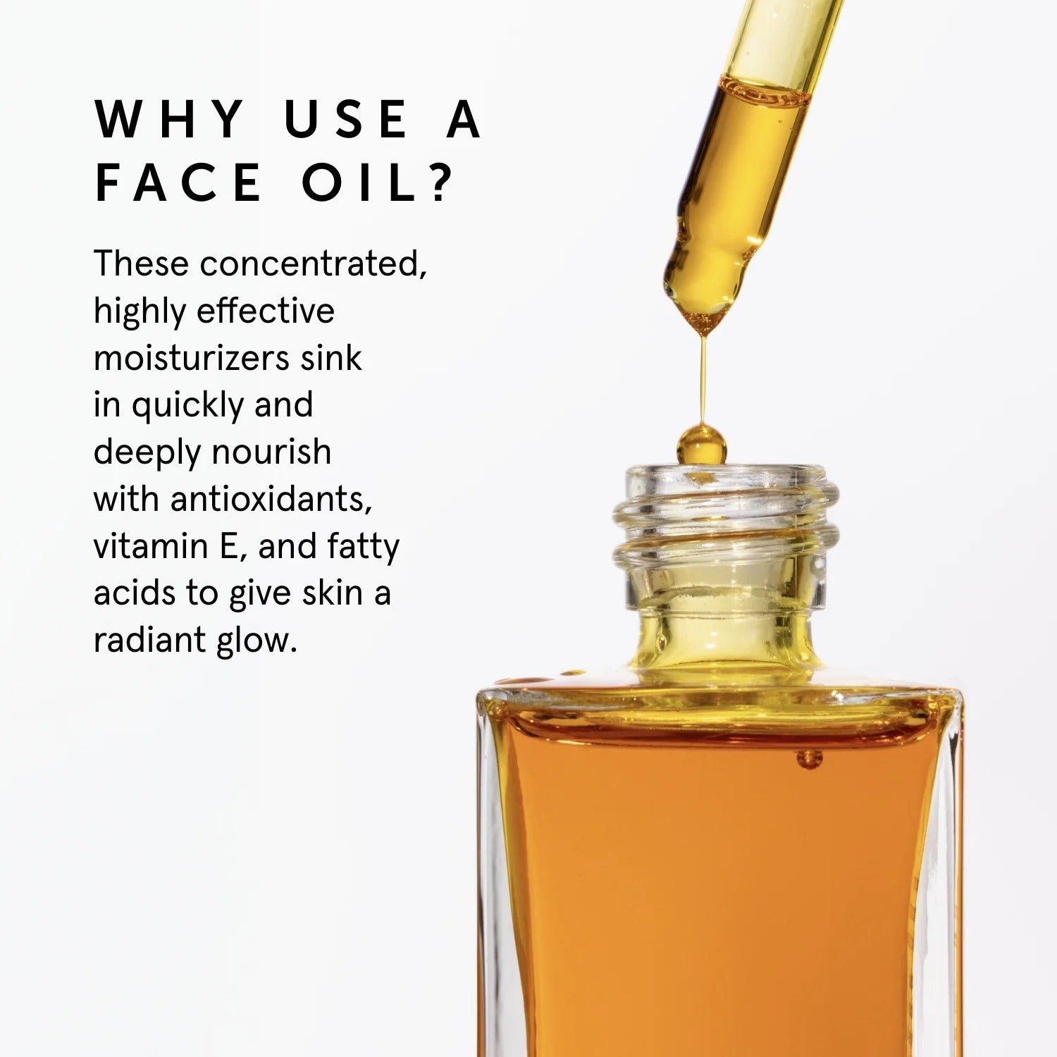 Glass bottle of face oil with dropper and text about benefits on a white background
