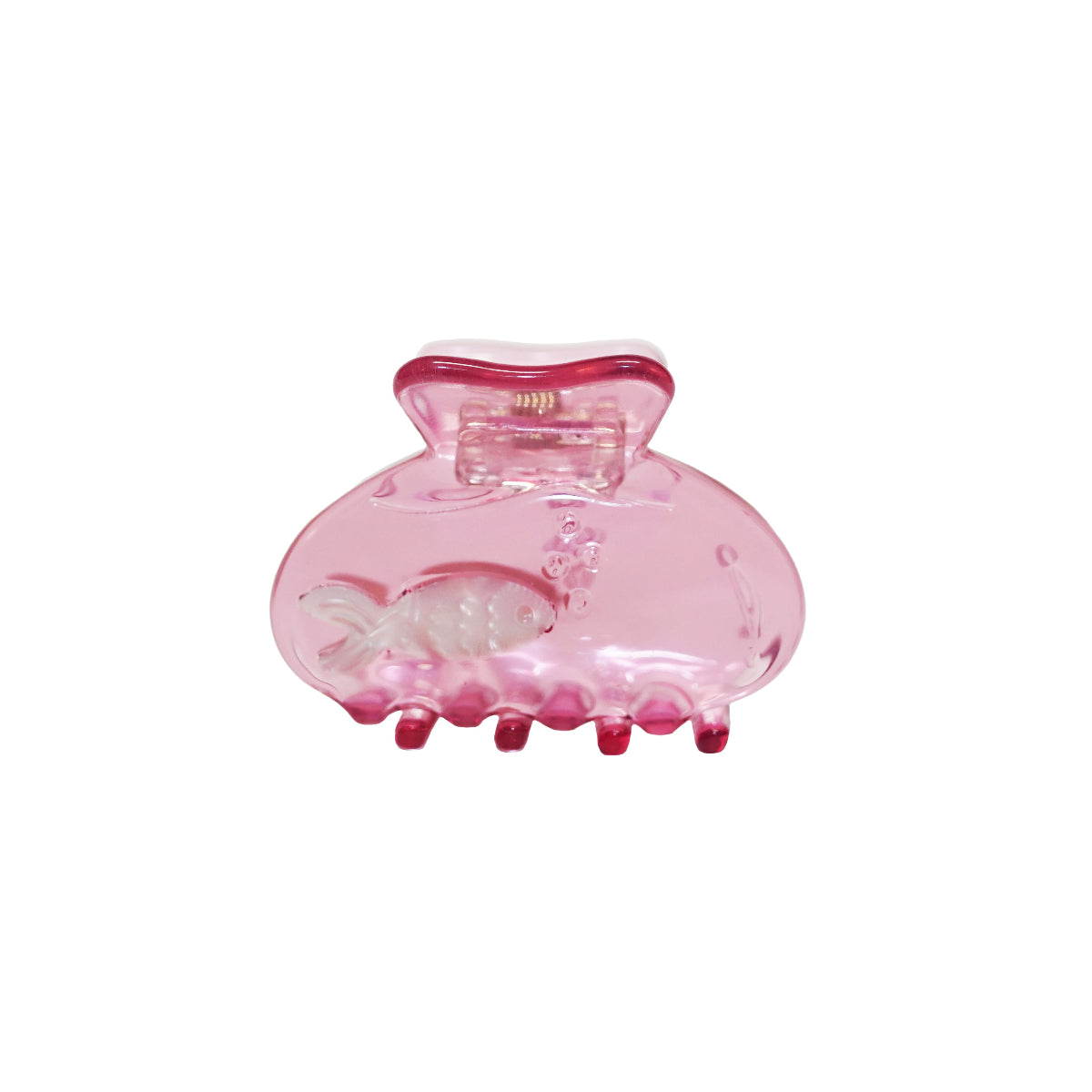 A translucent pink hair claw clip with a small fish design molded into the base, shown against a plain white background.