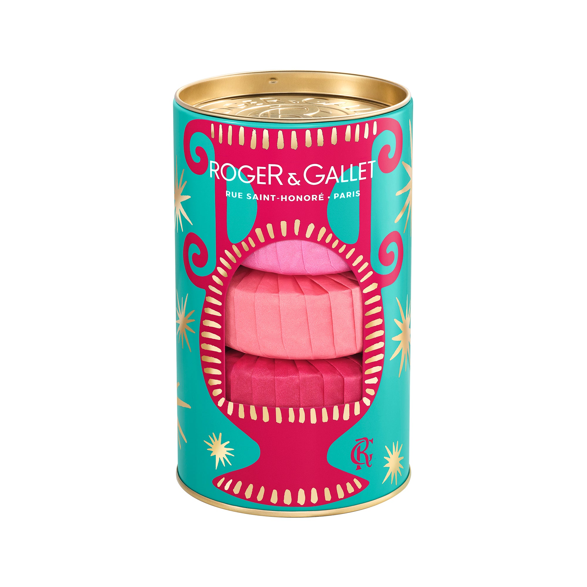 Roger & Gallet soap set in a decorative cylindrical tin on a white background
