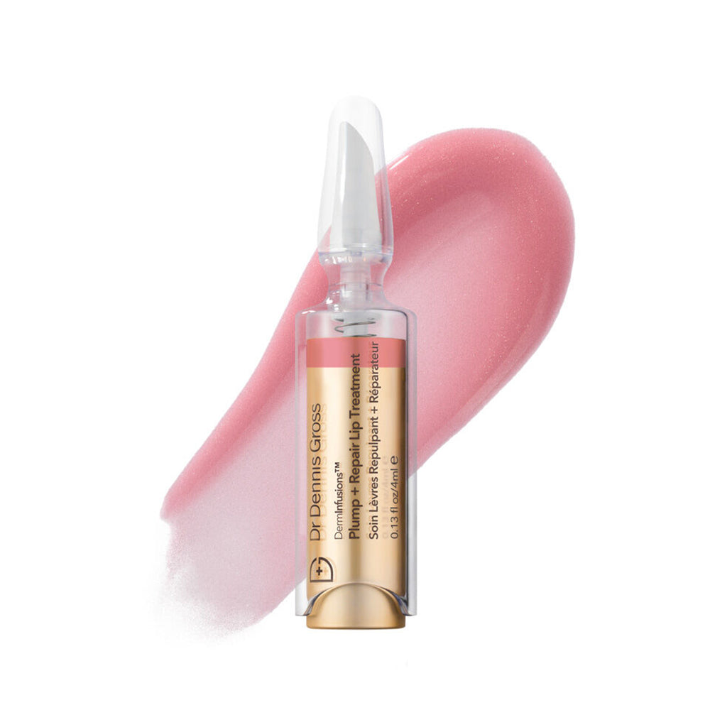 Lip treatment serum with pink lip swatch on a white background
