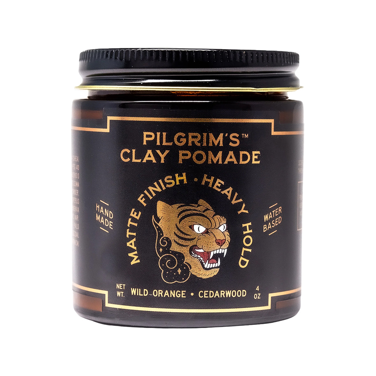 Jar of Pilgrim's Clay Pomade with tiger logo on a white background