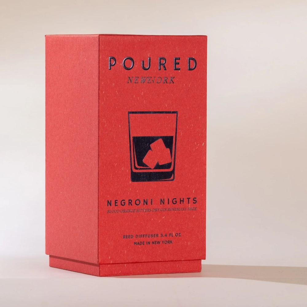Red box with 'POURED NEW YORK' branding and 'Negroni Nights' text on a beige background