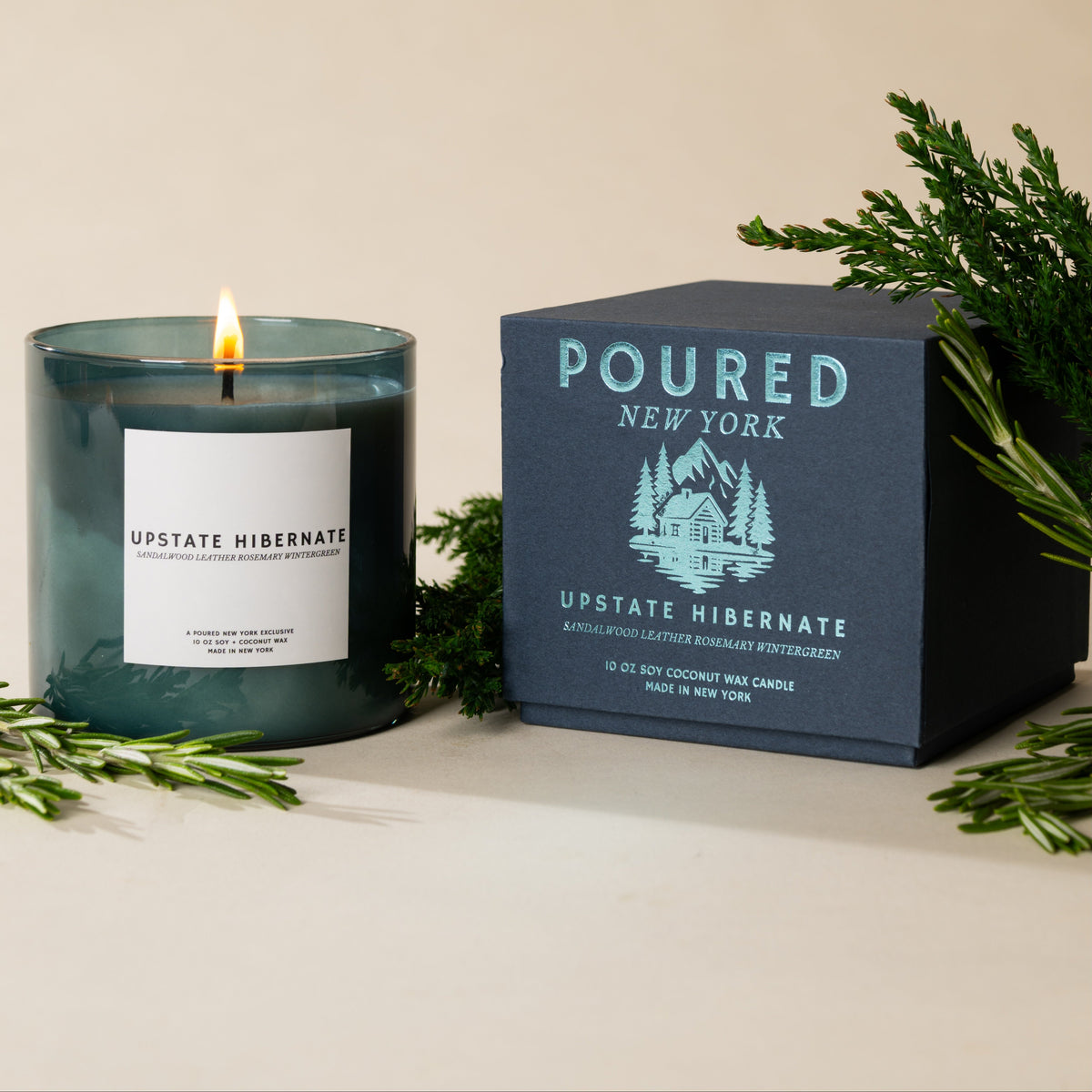 Upstate Hibernate with packaging and herbs on grey background 