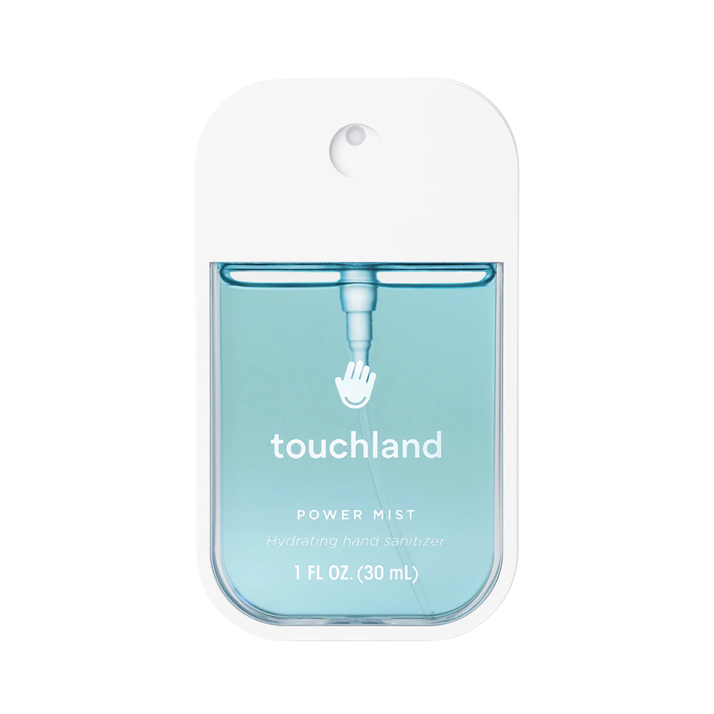 Touchland power mist hand sanitizer packaging on a white background