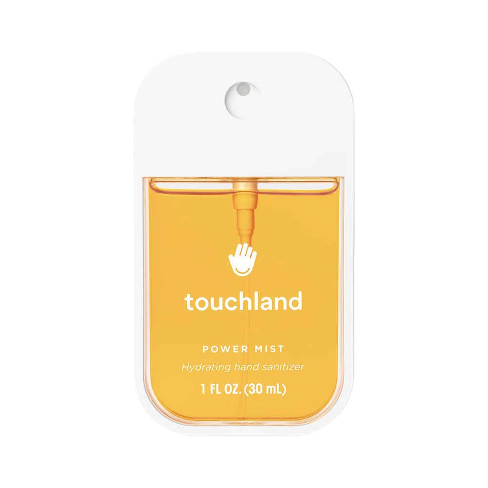 Touchland power mist hydrating hand sanitizer packaging on a white background