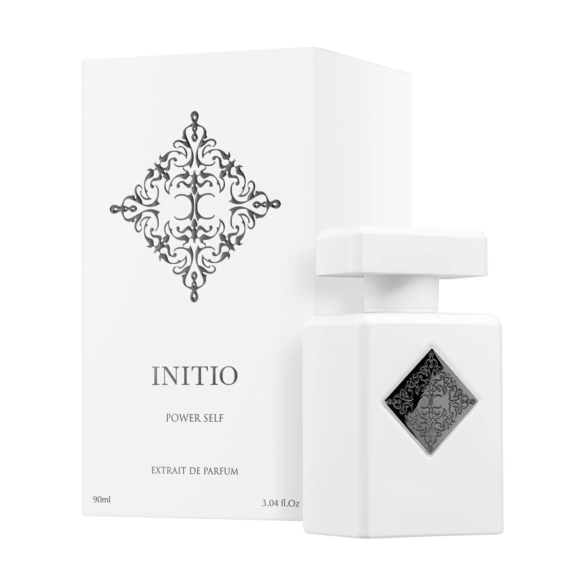 White perfume bottle and packaging with decorative elements on a white background