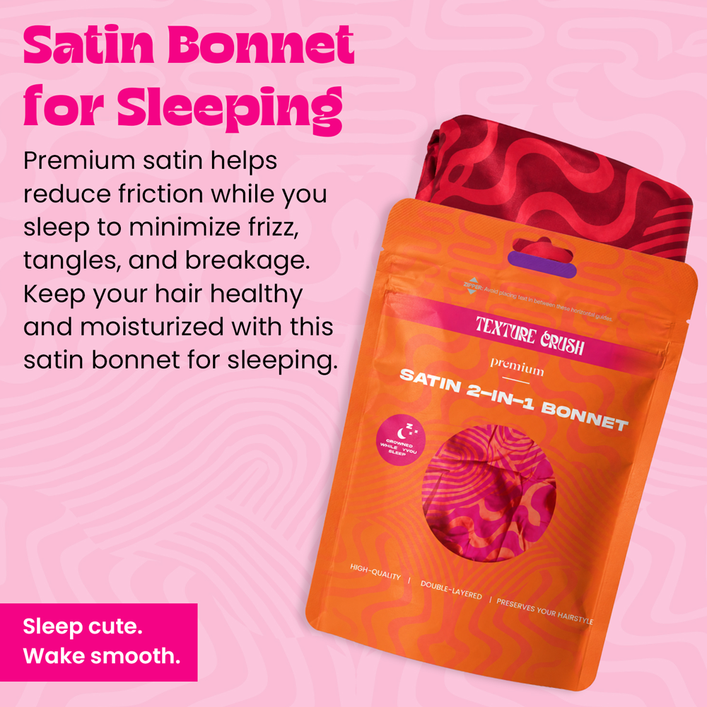 Satin bonnet packaging with text on a pink background