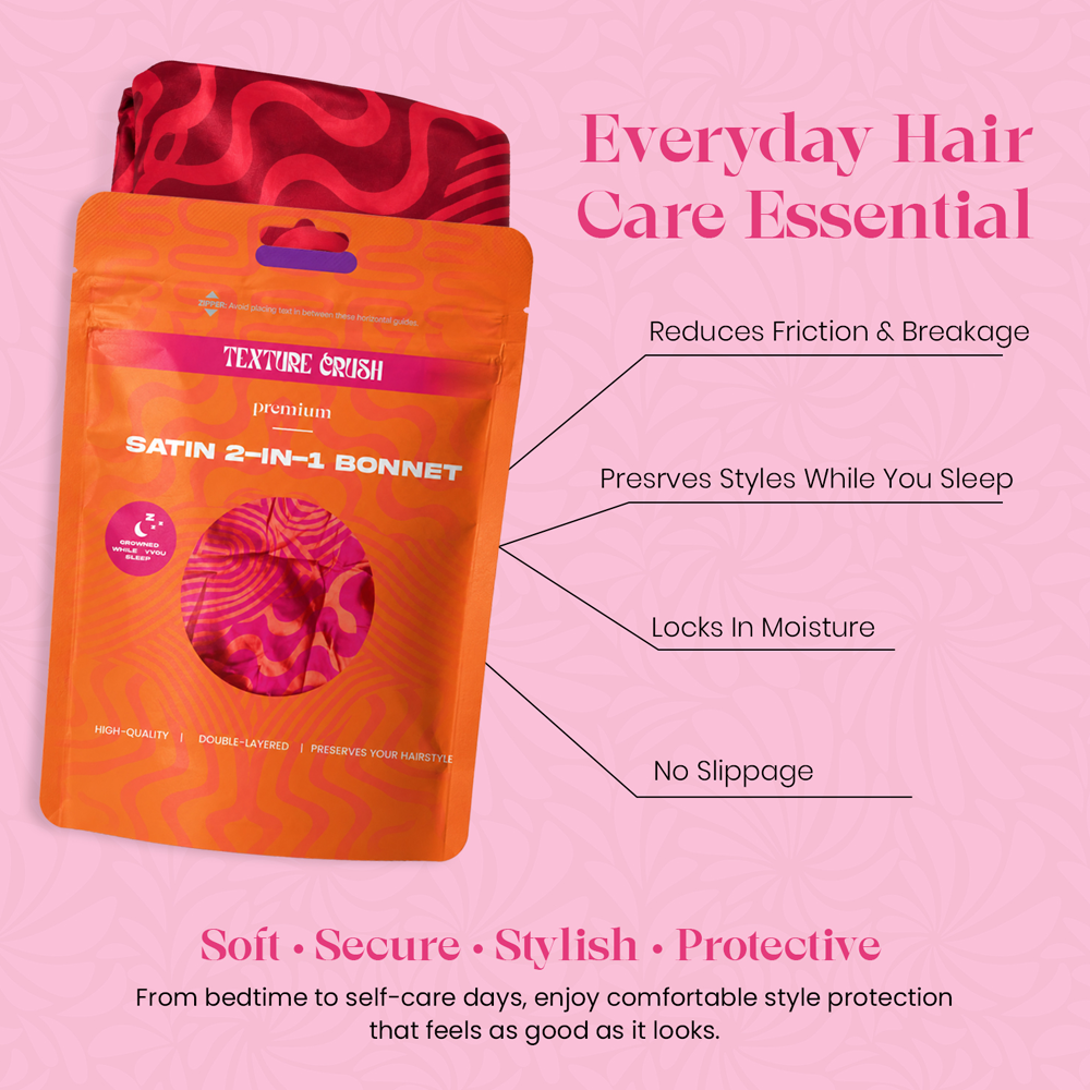 Bonnet packaging of a satin 2-in-1 bonnet with pink text on a pink background