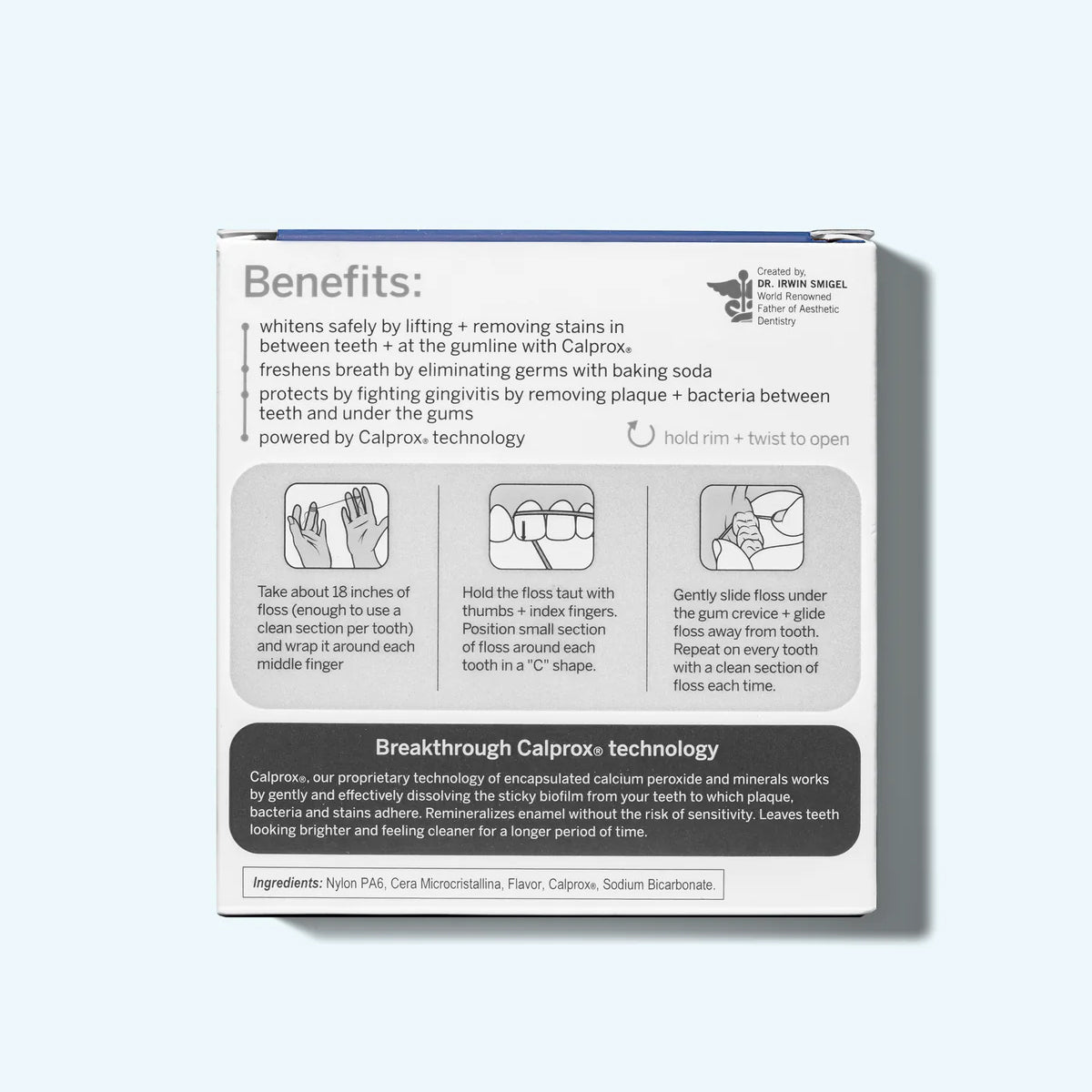 Packaging of dental floss with benefits and features listed on a white background
