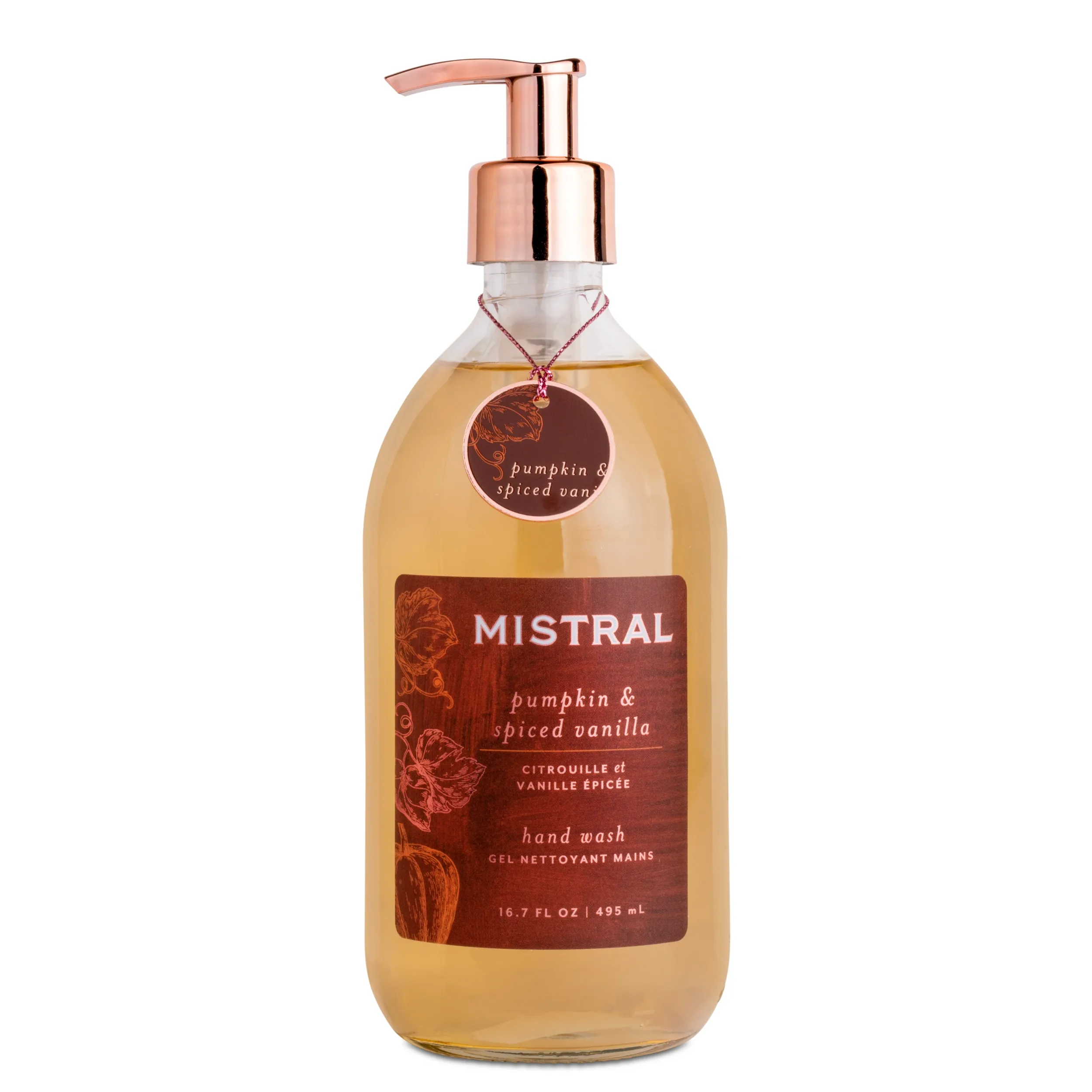 Mistral pumpkin & spiced vanilla hand wash bottle with pump on a white background