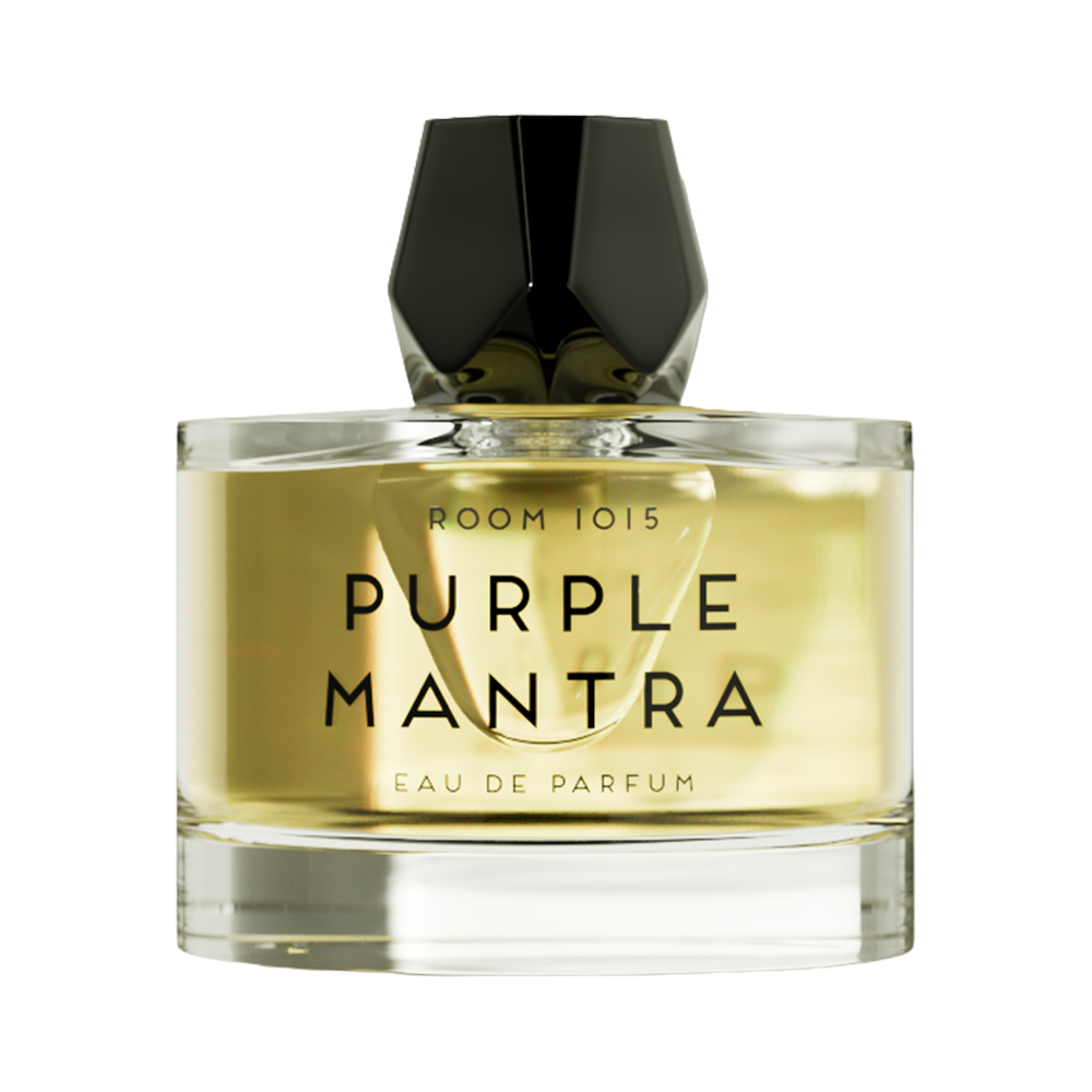 A bottle of Purple Mantra Eau de Parfum by Room 1015, featuring a faceted black cap, and black lettering on the front, set against a solid white background.