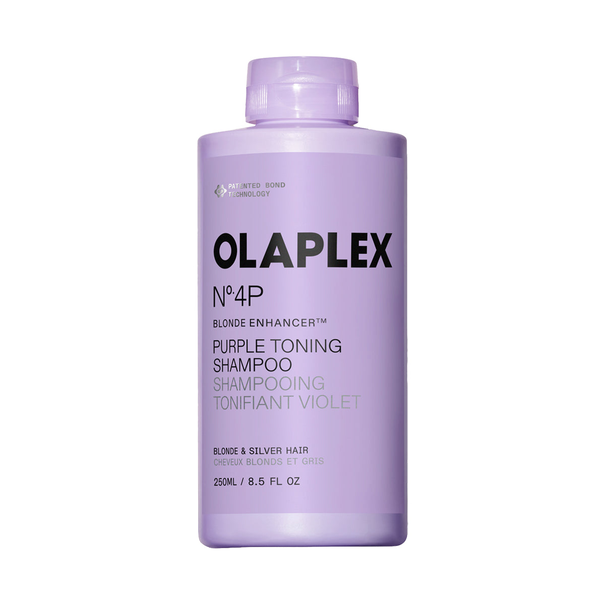 A 250 mL bottle of Olaplex No. 4P Purple Toning Shampoo, designed for blonde and silver hair, in a lavender purple color with black text on a white background.
