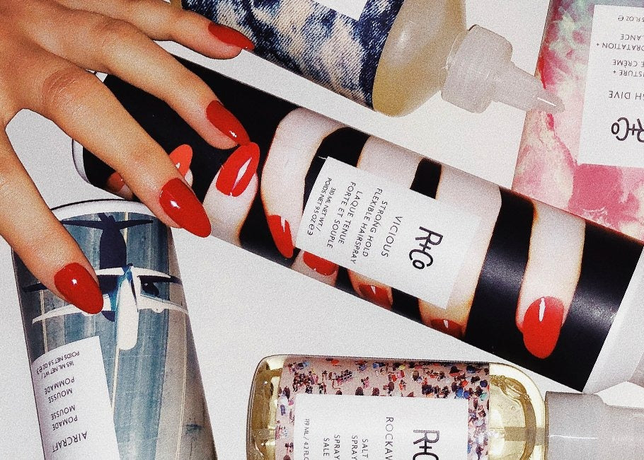 Collage of R+Co products with visible branding on a white background