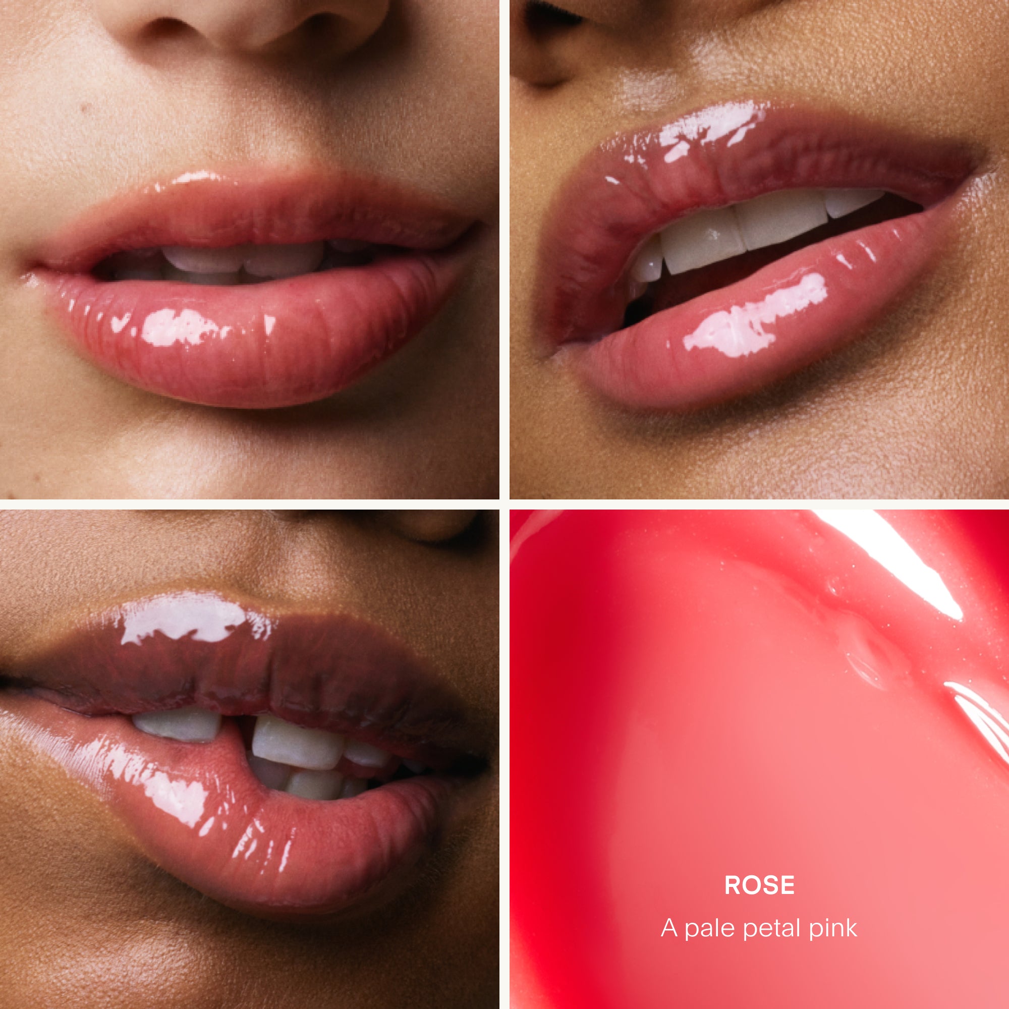 Close-up of lips with a rose-colored lip gloss and a swatch of the color on a red background.
