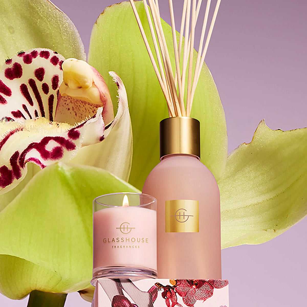 Pink diffuser and candle with orchid flower on a purple background