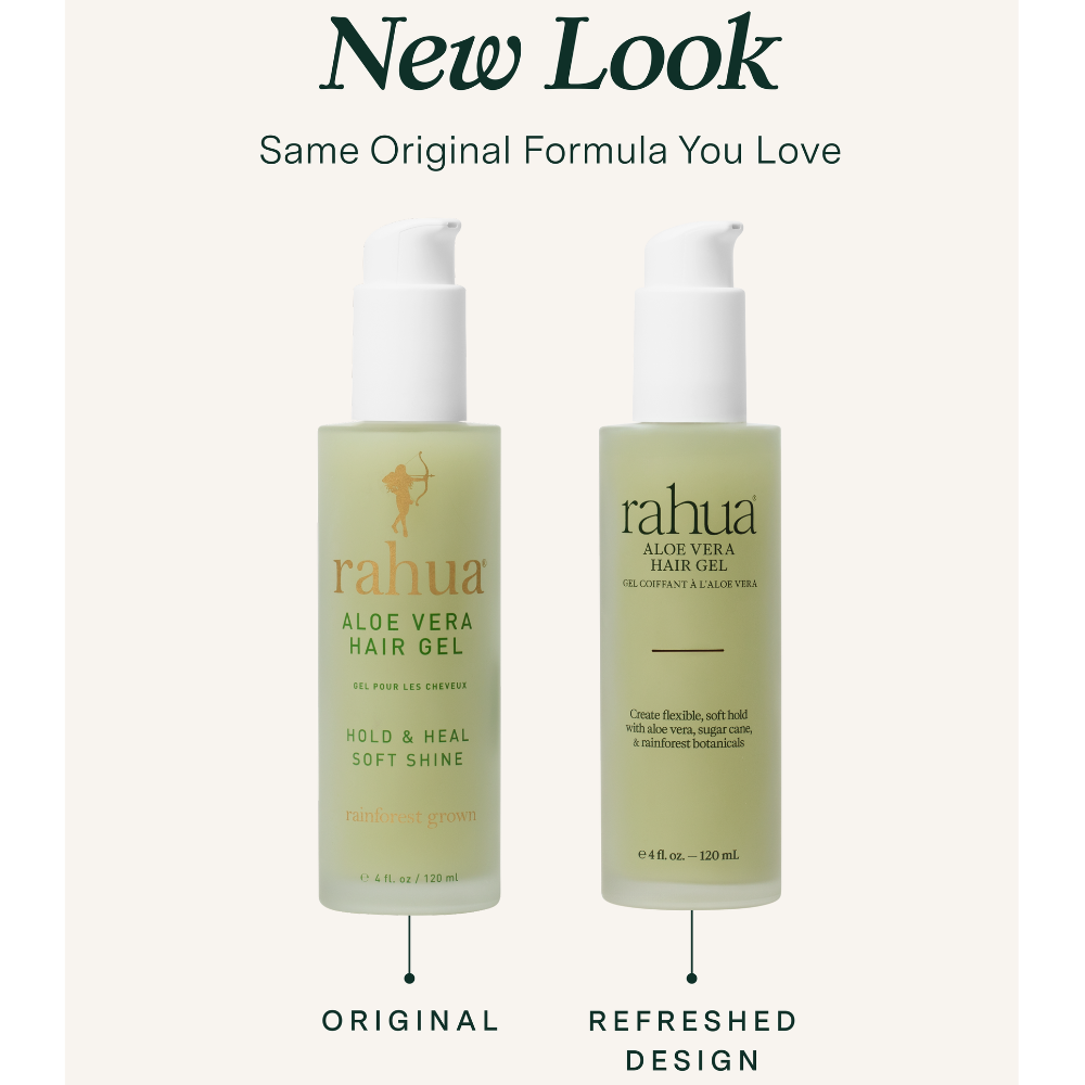 Two bottles of Rahua Aloe Vera Hair Gel with 'New Look' text on a light gray background