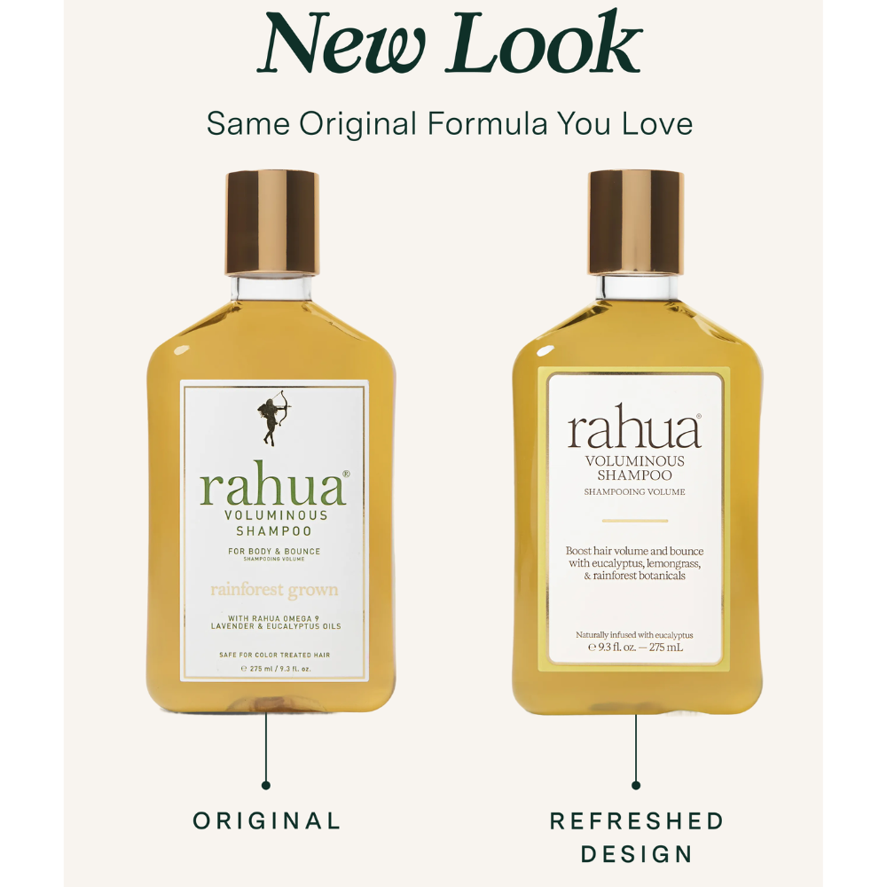 Two bottles of Rahua Voluminous Shampoo with 'New Look' text above them on a white background.