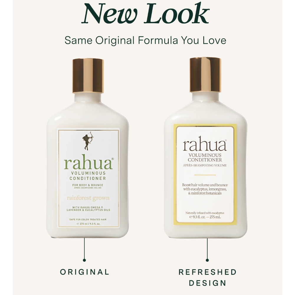 Two bottles of Rahua Voluminous Conditioner with 'New Look' text above them on a white background.