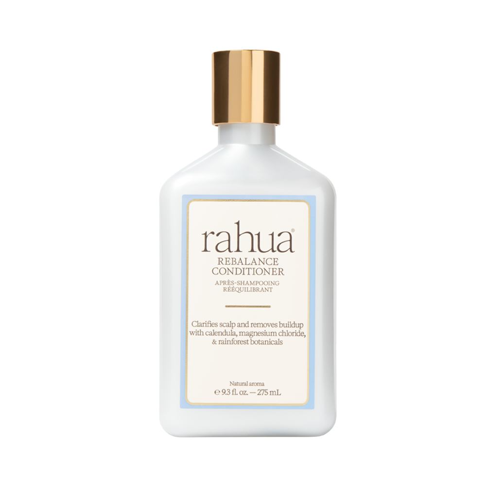 A white bottle of Rahua Rebalance Conditioner with a metallic gold cap, shown on a clean white background.