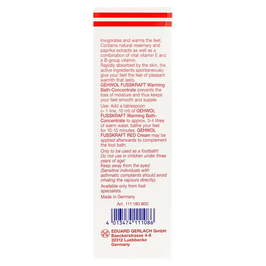 Back of Gehwol Fusskraft Warming Bath Concentrate