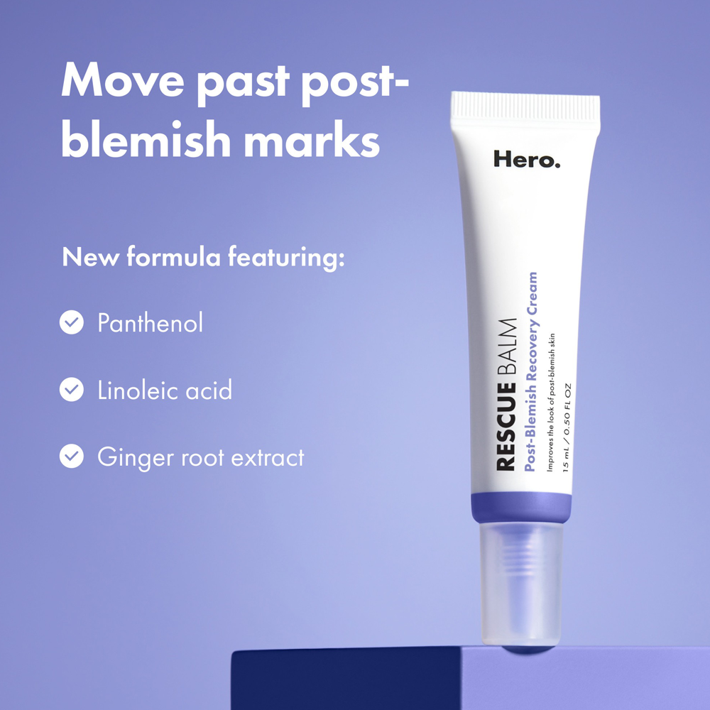 Hero Rescue Balm tube on a blue background with text about its ingredients and benefits.