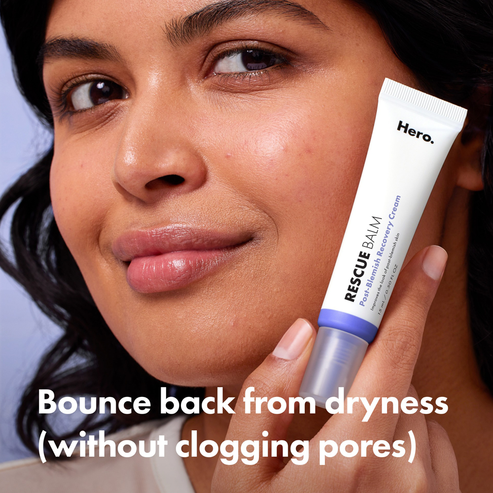 Woman holding a skincare product with text about dryness relief