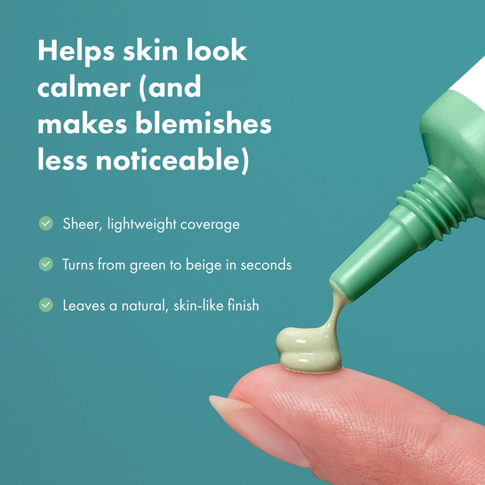 Green cosmetic product being applied to a finger with text about its benefits on a teal background